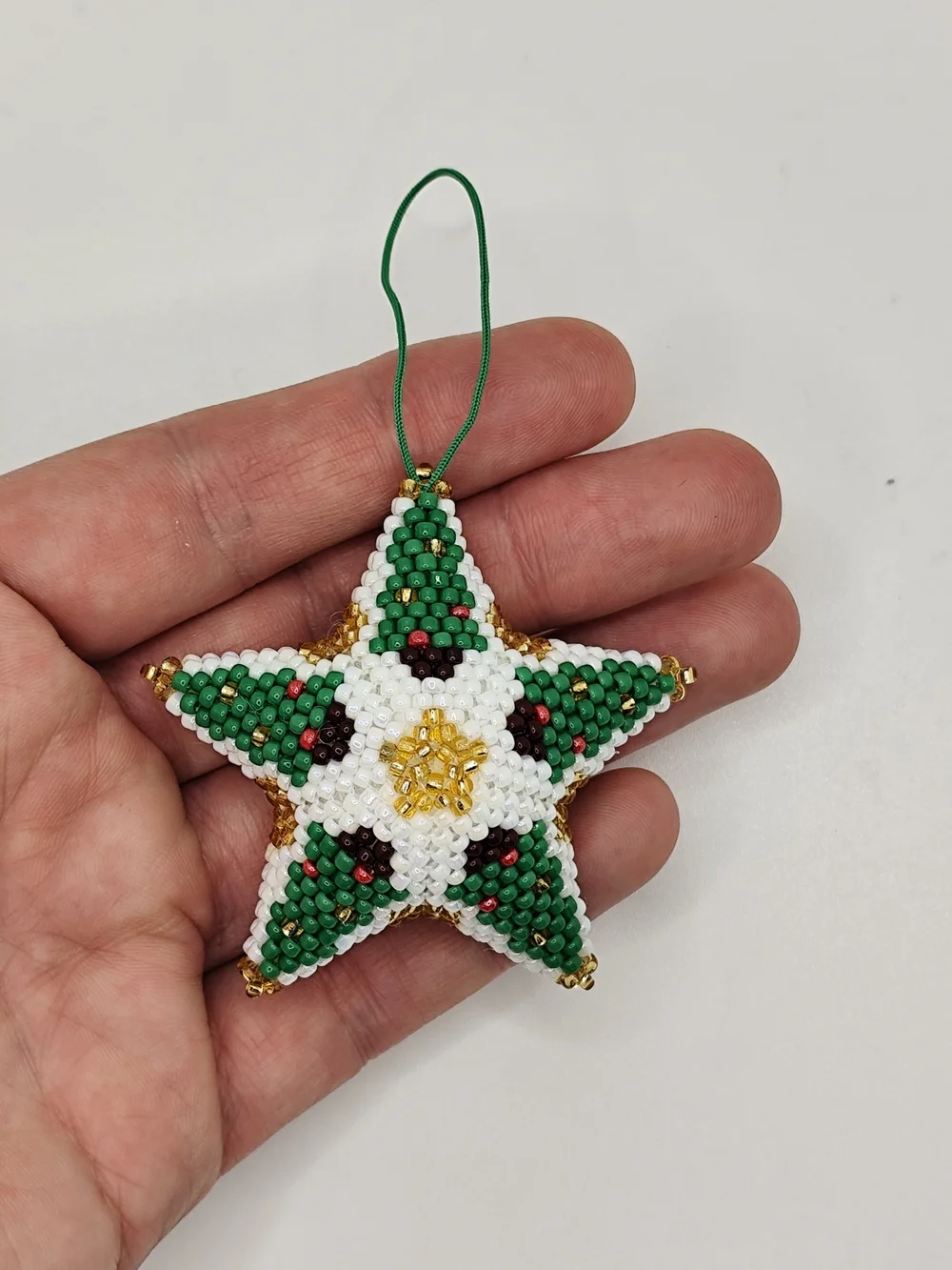 Handmade Beaded Green and White Star Holiday Ornament